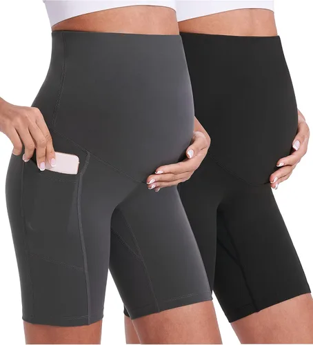 Enerful Pantalones cortos de yoga de maternidad para mujer, sobre el vientre, cómodos, para ciclismo, entrenamiento, activo, embarazo, gimnasio, con