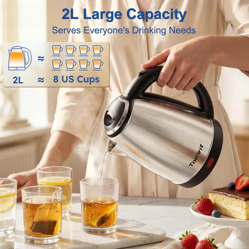 Miniatura 2 de TOPWIT Hervidor eléctrico de agua caliente, hervidor eléctrico de acero inoxidable de 2.0 L, hervidor de té y café, calentador de agua sin BPA con F