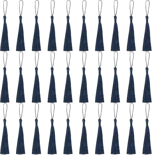 Miniatura 25 de VAPKER 30 borlas negras de 5.1 in/5 pulgadas, sedosas, hechas a mano, suaves, con lazo de cordón de 2 pulgadas para hacer joyas, proyectos