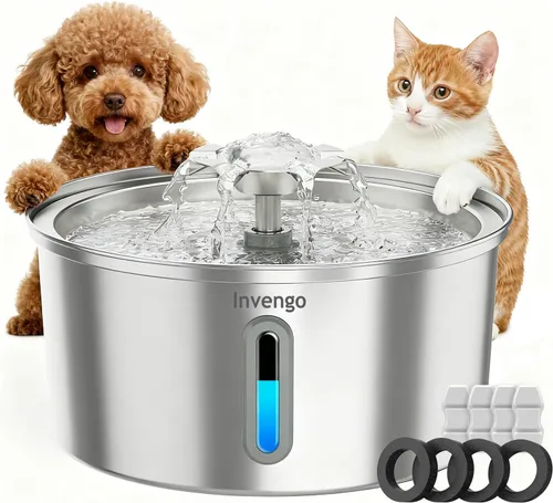 Miniatura 9 de Invengo Fuente de agua para gatos de acero inoxidable de 3.2L/108 onzas, fuente automática para mascotas para gatos y perros, bomba ultra silenciosa