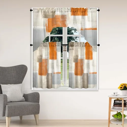 Miniatura 10 de Blue & Swag - Juego de 3 cortinas para ventana de cocina, cenefa de arte abstracto gris con bolsillo para barra para cocinas modernas