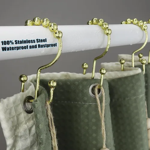 Miniatura 5 de Ganchos de cortina de ducha para baño, 12 piezas de acero inoxidable de metal resistente a la corrosión, ganchos deslizantes de doble cortina Oro