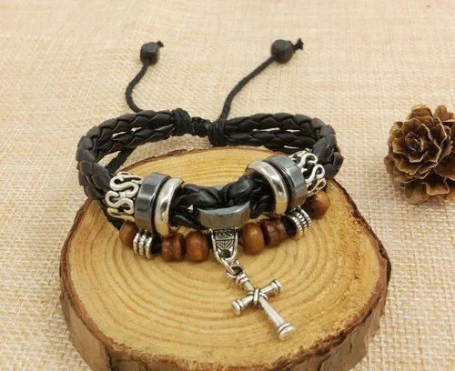 Miniatura 11 de Suyi brazalete ajustable con varias capas, de cuero tejido trenzado con cruz. Pulsera tipo esclava.