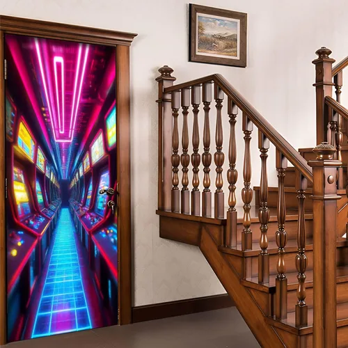 Miniatura 5 de Calcomanías para puerta, murales 3D, neón, retro, arcade, 80, máquinas de arcade, luces de neón, diseño retro, murales, papel tapiz autoadhesivo