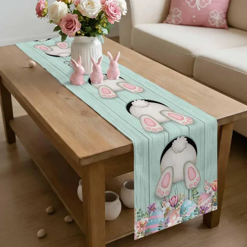 Miniatura 4 de Camino de Mesa de Algodón y Lino Happy Easter, Bufandas para Cómoda, Cola de Conejo, Huevo, Rústico, Granja, Madera, Antideslizante, Arpillera