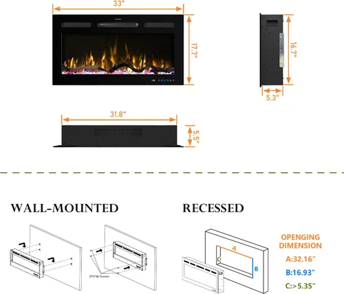 Miniatura 7 de Chimenea eléctrica inteligente WiFi de 33 pulgadas, 13 llamas y lecho de combustible con ciclo automático, calentador de chimenea con control