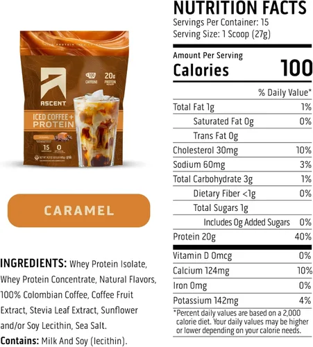 Miniatura 3 de Ascent Proteína en polvo de café con caramelo helado - Proteína de alto contenido, 20 g de proteína y 100 mg de cafeína de café colombiano premium