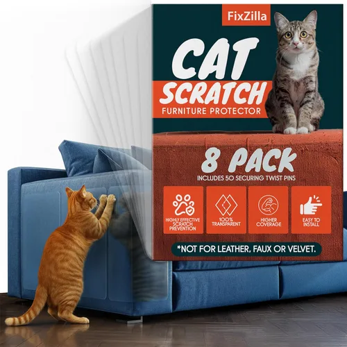 Protector Anti Arañazos para Muebles de FixZilla, Juego de 8 Protectores para Sofá contra las Garras de los Gatos – Detergente Anti Arañazos y