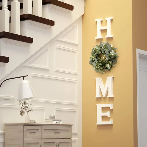 Miniatura 4 de MAYICIVO Letrero moderno de madera para el hogar con corona de eucalipto artificial, blanco y beige, 13.81 pulgadas de diámetro, montaje en pared