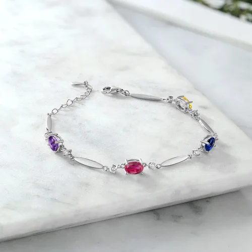 Miniatura 5 de Gem Stone King Pulsera de plata de ley 925 personalizada y personalizada con piedra natal de 4 piedras preciosas y diamantes blancos cultivados