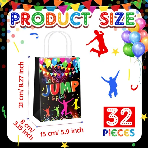 Miniatura 2 de Crtiin 32 bolsas de regalo para trampolín para saltar con temática de salto, bolsas con asas de papel, regalos de fiesta coloridos para niños
