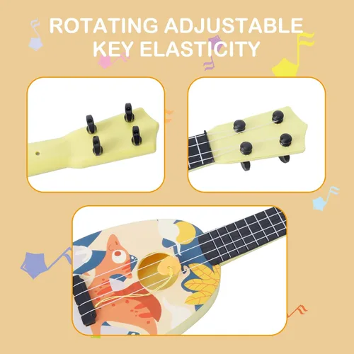 Miniatura 6 de YOLOPLUS+ Ukelele de juguete para niños, juguete musical de guitarra para niños, 4 cuerdas de acero de 17 pulgadas, con púa, juego educativo