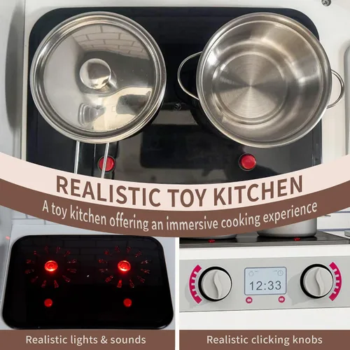 Miniatura 4 de Juego de cocina de madera para niños con luces y sonidos, cocina de juego de simulación para niños pequeños con horno, fregadero, microondas