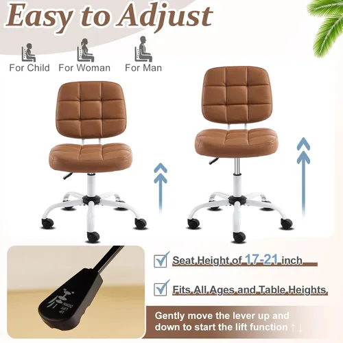 Miniatura 8 de VINGLI Silla de escritorio pequeña compacta, bonita silla sin brazos con ruedas, silla de tocador con respaldo bajo, silla de trabajo de altura Café