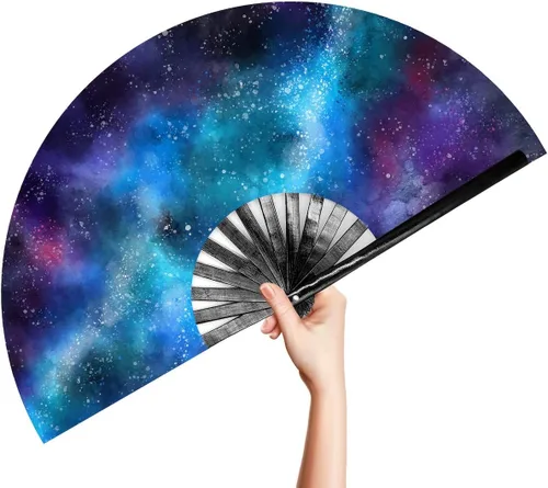 Miniatura 18 de OMyTea Ventilador de mano plegable grande Rave Clack para hombres y mujeres, ventilador de mano de bambú chino japonés - para EDM, festival de Aurora