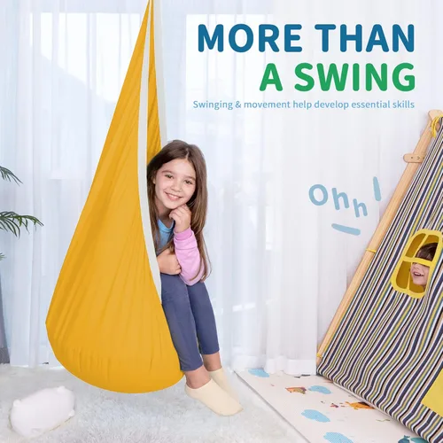 Miniatura 5 de OUTREE Asiento de columpio para niños, hamaca de algodón para niños, columpio sensorial para uso en interiores y exteriores, amarillo y blanco