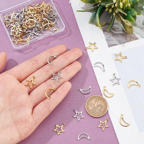 Miniatura 2 de UNICRAFTALE Dijes huecos de estrella y luna, 80 dijes de acero inoxidable, 2 colores, colgante de agujero pequeño, colgantes de metal, dijes planos