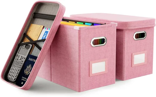 Miniatura 20 de Oterri Caja de archivos colgante con bolsillo de malla, caja organizadora de archivos con tapa, caja organizadora de documentos plegable