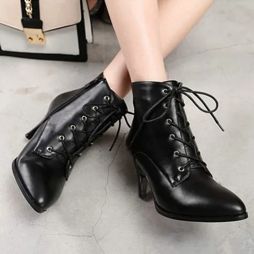 Miniatura 7 de Botines de tacón de aguja para mujer, con puntera puntiaguda, con cordones, con cremallera, botas cortas