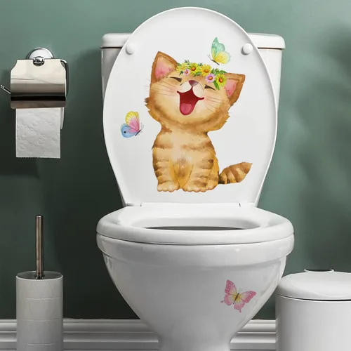 Miniatura 2 de Generic Calcomanías para tapa de inodoro con diseño de gato que ríe, diseño de gato blanco con dibujos animados, material de PVC impermeable