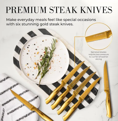 Miniatura 8 de STYLED SETTINGS juego de cuchillos con bloque blanco y dorado – 14 piezas, cuchillos de acero inoxidable con revestimiento de titanio de espiga