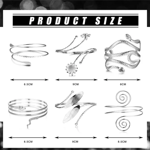 Miniatura 2 de Sanfenly 6 piezas de brazalete de brazo superior de serpiente, brazalete abierto ajustable para mujer