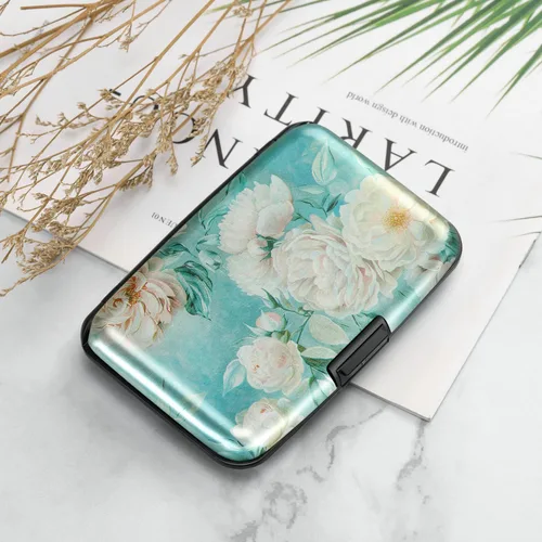 Miniatura 230 de ELFISH Mini cartera de aluminio RFID para tarjetas de crédito, funda de identificación de metal para hombres y mujeres, Happy Flower, Cartera Rfid