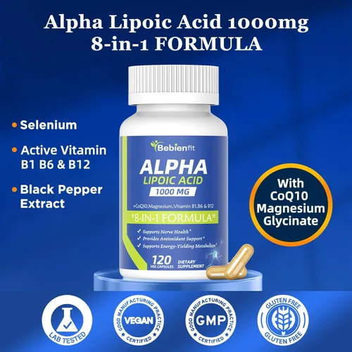 Miniatura 8 de Cápsulas de suplementos de neuropatía de ácido alfa lipoico de 1000 mg, ALA 8 en 1 para la salud nerviosa en manos y pies, sistema nervioso