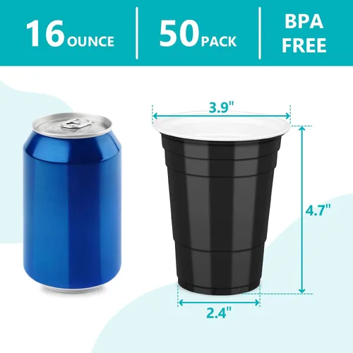 Miniatura 2 de LANLISA 50 vasos de plástico negros, vasos desechables de 16 onzas, tazas para beber para suministros de fiesta