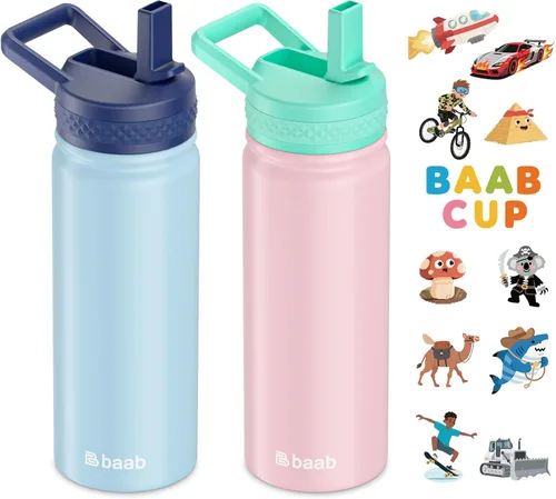 Miniatura 17 de baab Botella de agua para niños de 18 onzas, botella de agua aislada con popote y calcomanías, taza con popote de agua para niños de acero