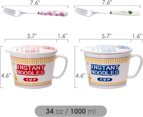 Miniatura 4 de Tazones de ramen con tapa y asa, lindos tazones de fideos instantáneos para ramen, juegos de cuencos grandes de cerámica con tenedor, regalo para 2