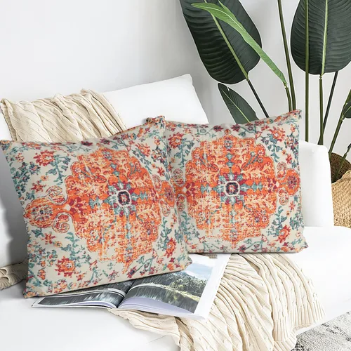 Miniatura 3 de Fundas de almohada boho naranja azul 20x20 pulgadas, juego de 2 fundas de almohada estilo bohemio alfombra vintage étnica para sofá, fundas