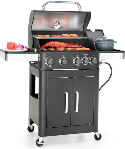Captiva Designs Parrilla de barbacoa de gas propano de 4 quemadores con quemador lateral y rejillas de hierro fundido esmaltado de porcelana, salida