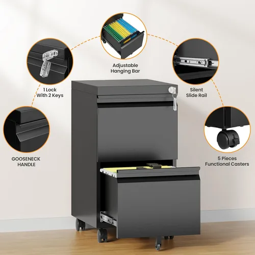 Miniatura 7 de Gabinete archivador de 2 cajones, gabinetes archivadores móviles totalmente montados con cerradura, gabinete archivador de metal rodante con ruedas