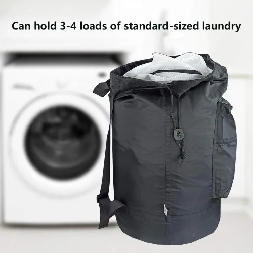 Miniatura 4 de Mochila lavable con bolsillo con cremallera, bolsa de ropa resistente, 2 correas de hombro ajustables fuertes con cierre de cordón para viajes