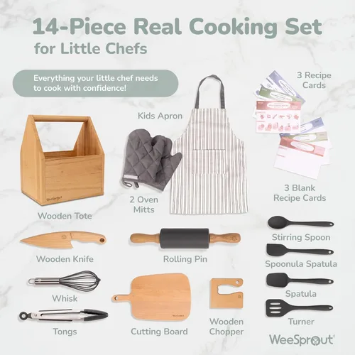 Miniatura 2 de WeeSprout Little Chef - Juego de cocina y hornear para niños, juego de cocina de 14 piezas con herramientas de cocina reales y delantal para niños