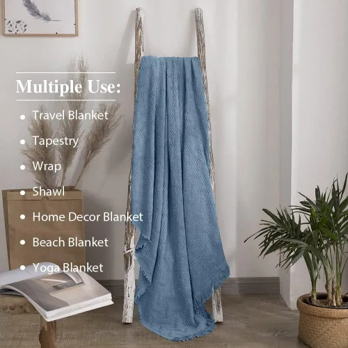 Miniatura 4 de Simple&Opulence Manta 100% algodón para cama, sofá, manta tejida geométrica de lujo bohemia con borlas, suave, ligera, acogedora, transpirable