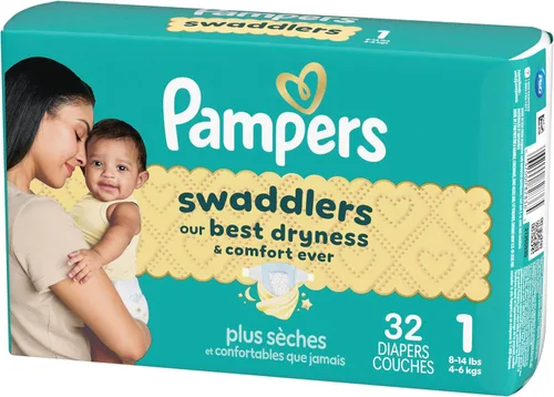 Miniatura 18 de Pampers Pañales Swaddlers, talla 1 (8-14 libras), 32 unidades, hipoalergénicos, absorbentes, mantiene al bebé seco y cómodo, desechable, seguro