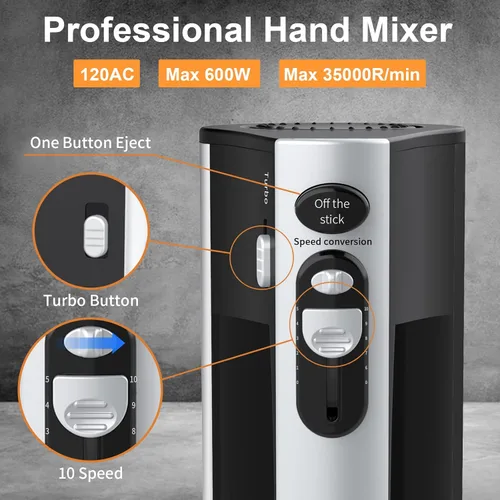 Miniatura 2 de Mezclador de mano eléctrico de 600 W, 10 velocidades, potente con mezclador de mano Turbo para hornear torta cocina mezclador con batidores, batir