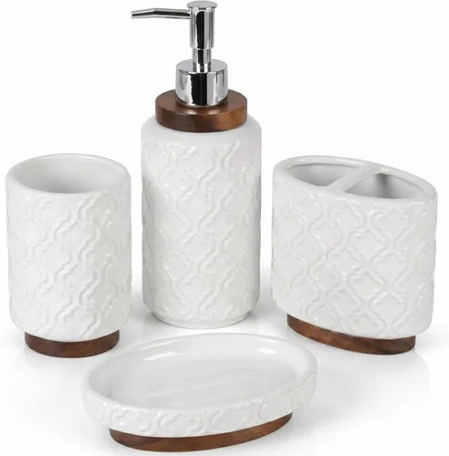 Miniatura 8 de RQYIXI - Juego de accesorios de baño de 4 piezas, soporte para cepillo de dientes, dispensador de jabón, decoración de baño de cerámica y madera