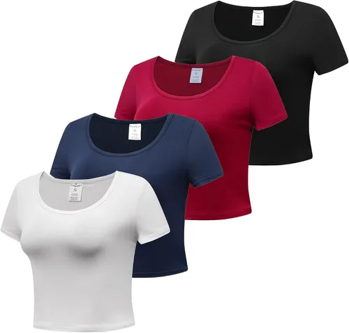 Miniatura 2 de Camisetas cortas básicas de 4 piezas para mujer, cuello redondo, manga casquillo