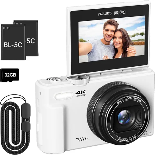 Cámara Digital 4K para Fotografía, Cámara de Vlogging de 64MP para YouTube con Pantalla Abatible de 3" 180°, Cámara Point and Shoot con Zoom Digital