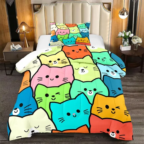 Miniatura 24 de Juego de ropa de cama de tamaño individual, edredón de gatos de dibujos animados para niñas, niños y adolescentes, juego de edredón azul