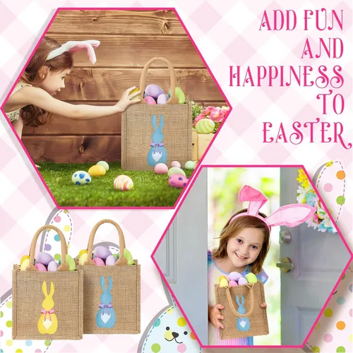 Miniatura 5 de 3 bolsas de arpillera de Pascua, cesta de Pascua de conejo, artículos esenciales de búsqueda de huevos de primavera, bolsa de regalo para niños