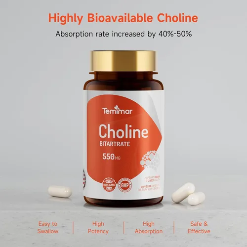 Miniatura 4 de Bitartrato de colina de 550 mg, apoya la salud del hígado y el cerebro, suplementos de colina de alta absorción, sin OMG, sin gluten, fabricado