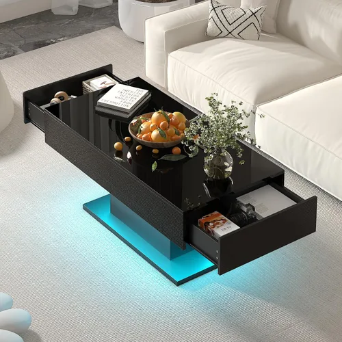Miniatura 8 de HedoAjim - Mesa de café negra con LED y 2 cajones de almacenamiento para sala de estar, mesa rectangular de centro para sala de estar, mesas de café