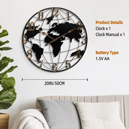 Miniatura 2 de Maxstar Reloj de pared grande con mapa del mundo, minimalista de metal, moderno, redondo, silencioso, sin tictac, funciona con pilas, para sala