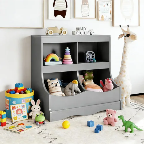 Miniatura 2 de Costzon Organizador de almacenamiento de juguetes, estantería para niños de 4 compartimentos con estribo y tarjeta de nombre, estantería de madera