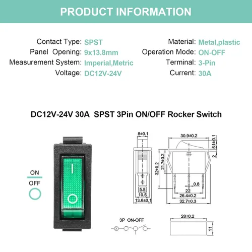 Miniatura 2 de KCD3 SPST de encendido/apagado de 3 pines, 2 posiciones, interruptor basculante instantáneo DC 12V-24V 30A con LED verde para barco - Paquete de 5
