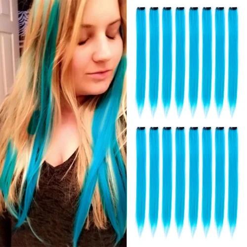 Miniatura 12 de 16 piezas de extensiones de cabello con clip de color púrpura, varios colores, para fiestas, clip en postizo sintético, para Halloween, cosplay